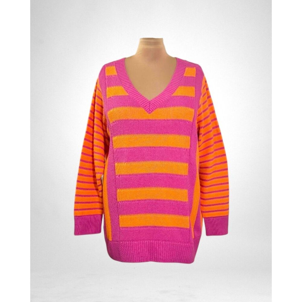 Sport Savvy Mixed Stripe Pink & Orange V-Neck Cotton Sweater, NEW! Size 3X